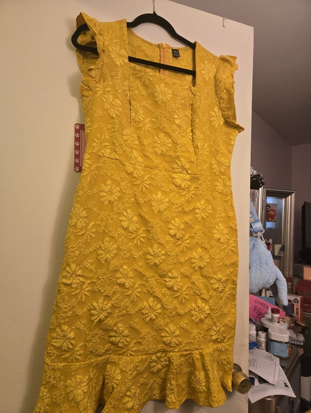 Yellow Floral Embroidered Ruffle-Hem Dress